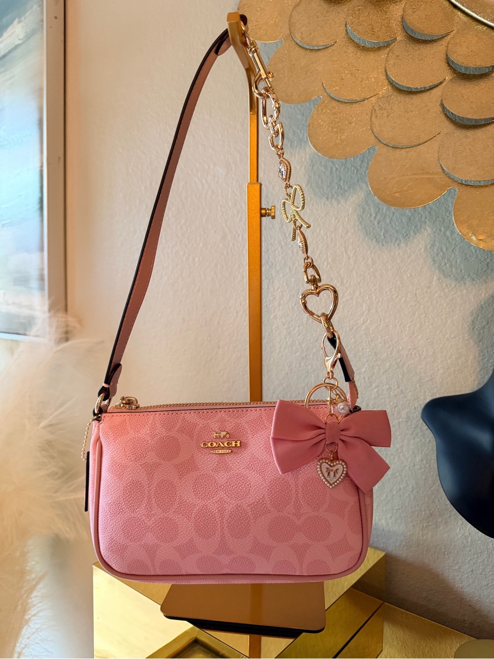 🌟 Coach Pink Signature Nolita 19C Bag with Bow Charm Accessory - Picture 3 of 17